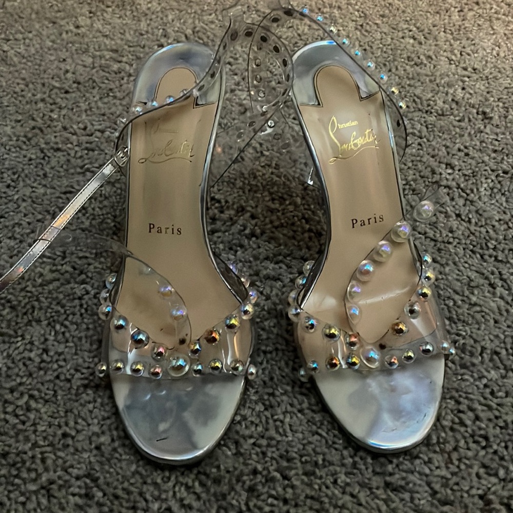Studded Christian louboutin silver heels